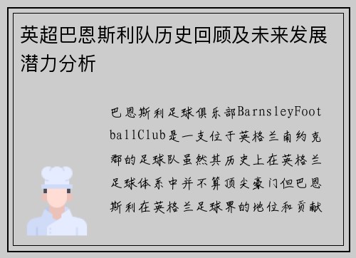 英超巴恩斯利队历史回顾及未来发展潜力分析