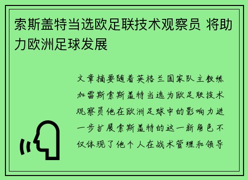 索斯盖特当选欧足联技术观察员 将助力欧洲足球发展